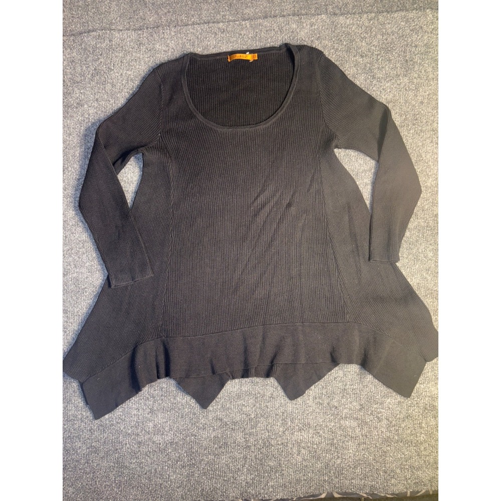 Belldini Asymmetrical Tunic Top‎ Women's L Black Ribbed Knit Ruffled Pointed Hem